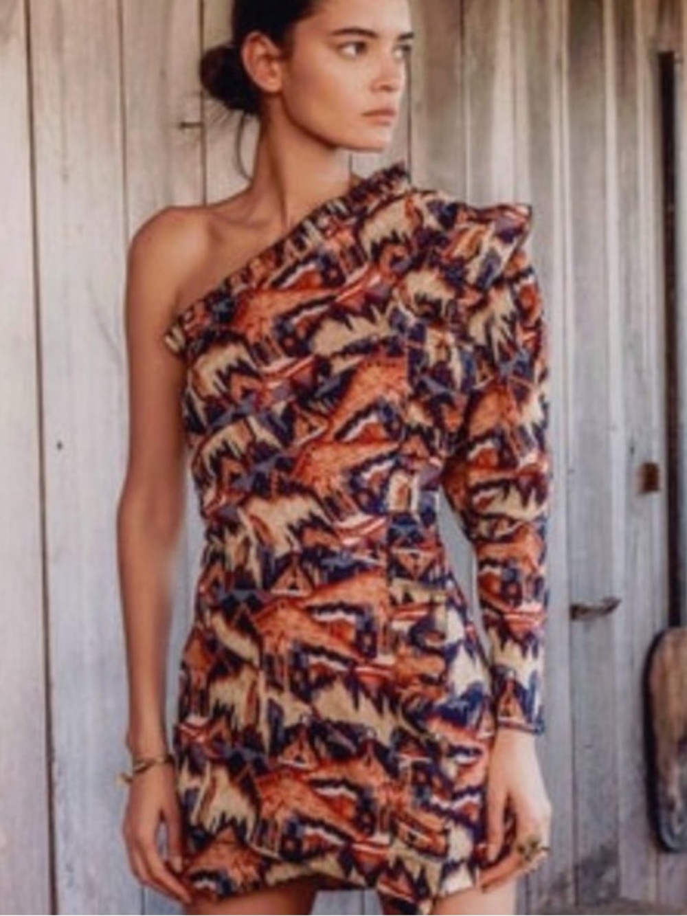 CHUFY One-Sleeve Geometric Mini Dress Size Medium Metallic Printed Cotton